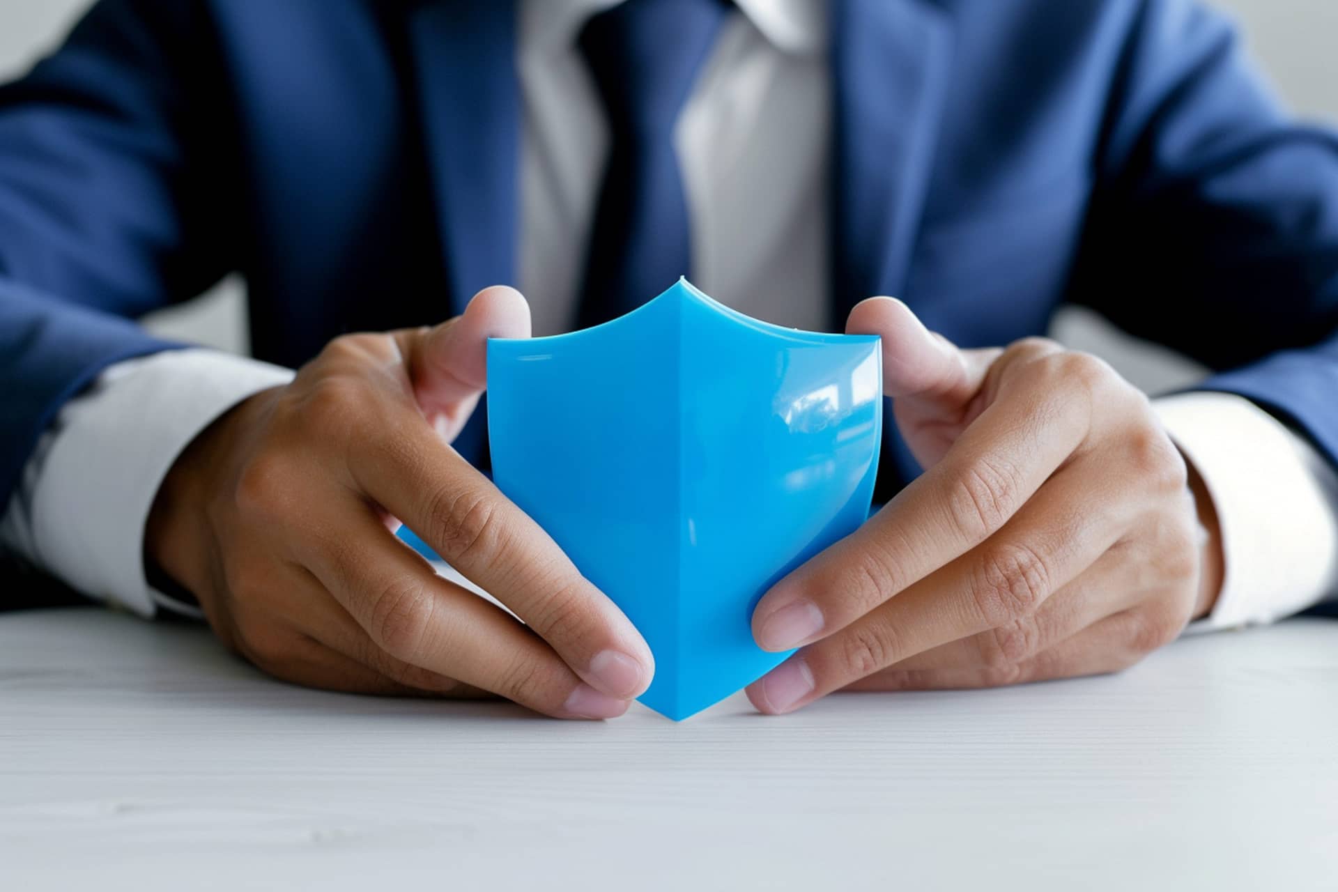 businessman with shield model life insurance symbol bokeh style